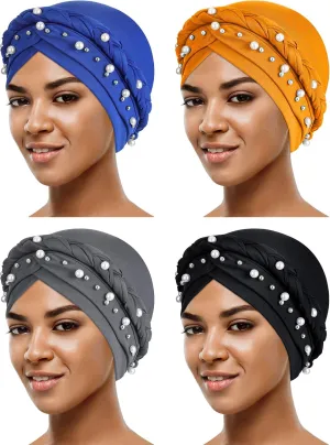 SATINIOR 4 Pieces African Women Turban Cap Head Wraps Beaded Headscarf Beanie Wrap