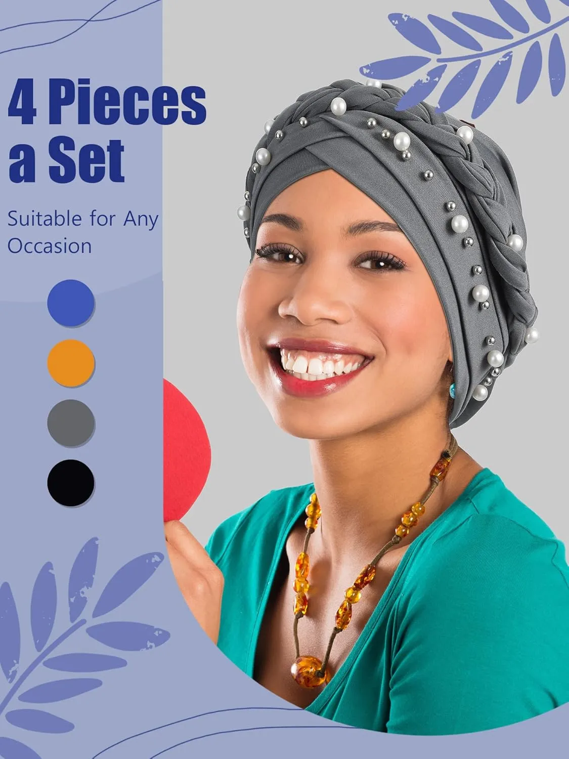 SATINIOR 4 Pieces African Women Turban Cap Head Wraps Beaded Headscarf Beanie Wrap