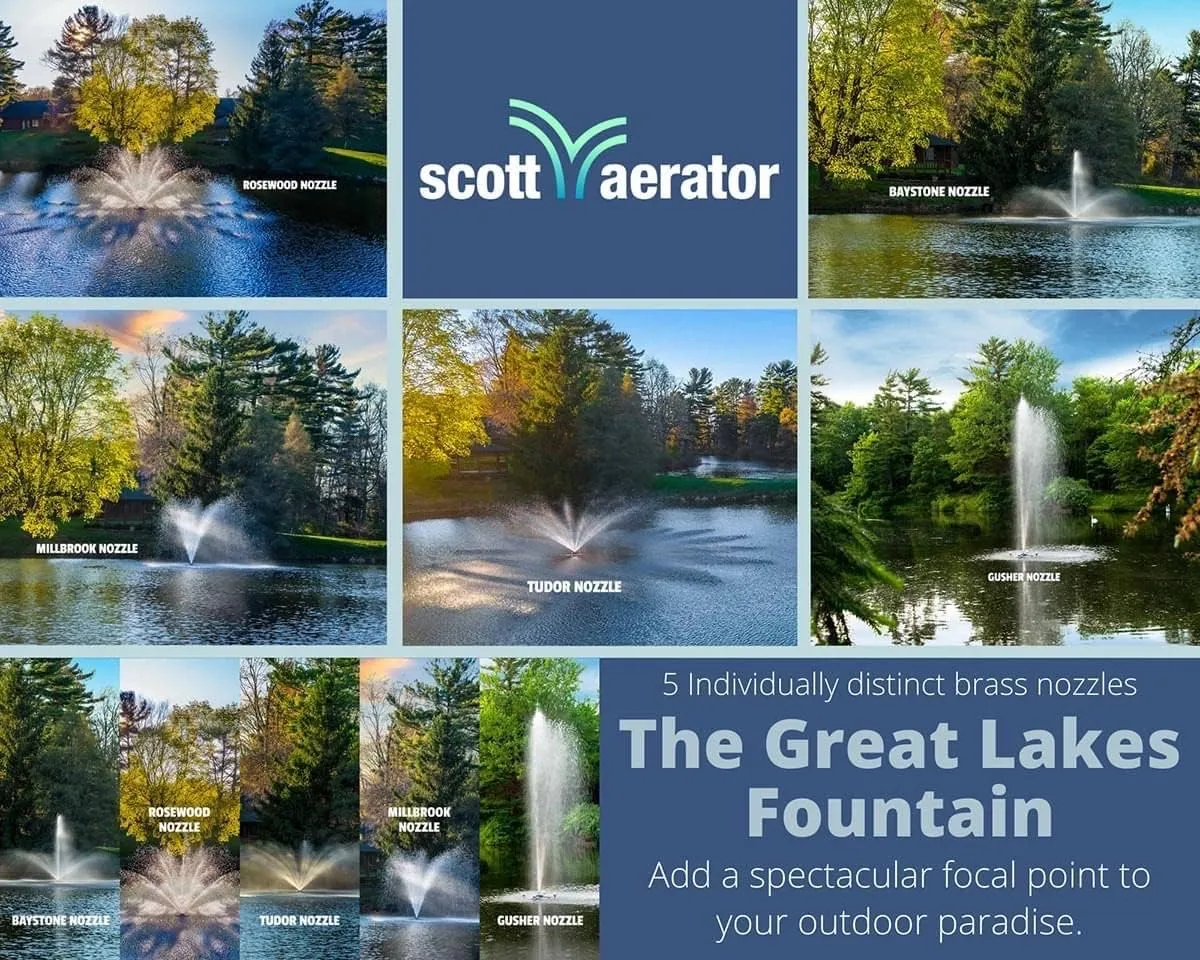 Scott Aerator Great Lakes Large Pond Fountain- 1 HP 230V with 150 ft. Cord | Aerating Fountain for Lakes & Ponds | Maintenance Free Stainless Steel | 5 Pattern | Nozzles Included