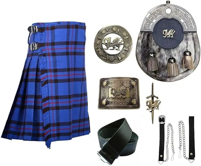 Scottish Heritage Kilt Outfit Set Elliot Modern Kilt Welsh Dragon Head Sporran, Chain, Belt, Buckle, Brooch & Pin