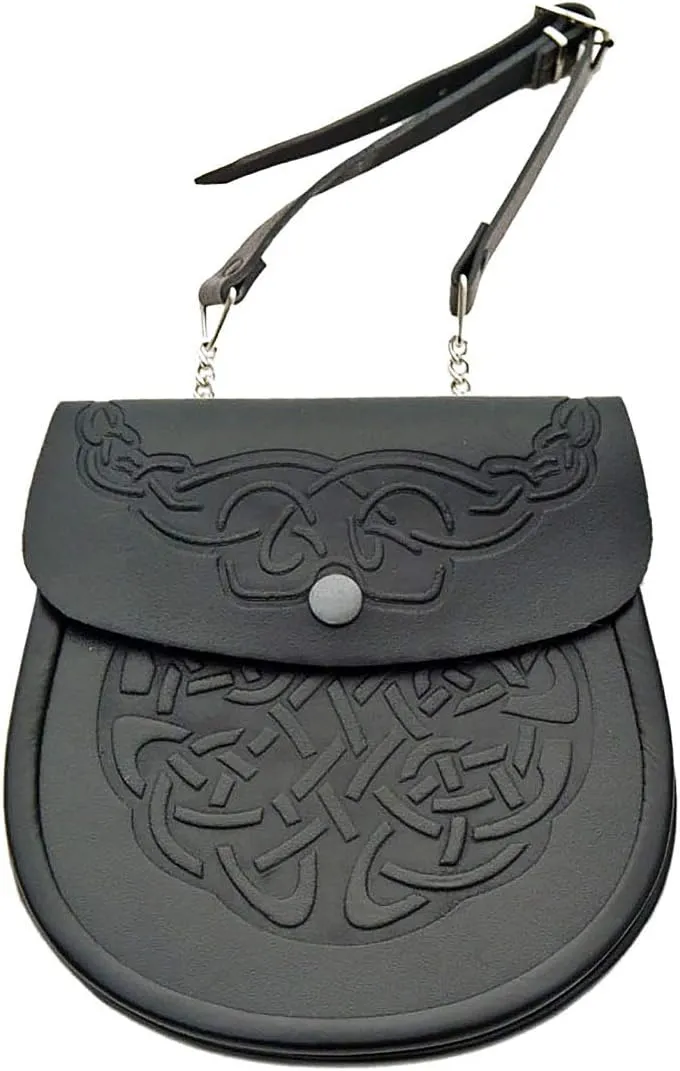 Scottish Kilt Sporran - Black Leather Celtic Kilt Pouch With Chain Belt - Elegant Leather Fanny Pack Waist Bag