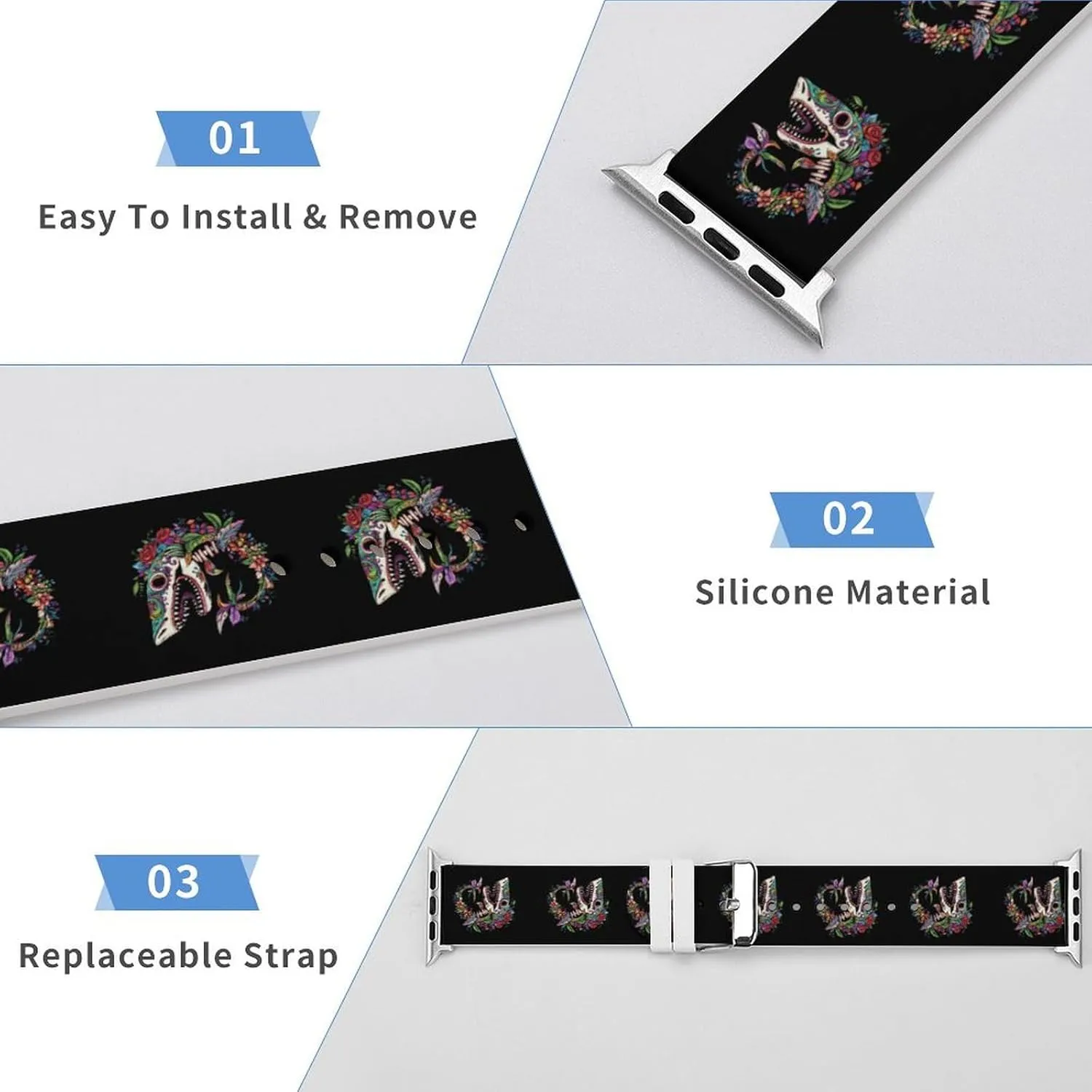Shark Sugar Skull Mexico Dia De Los Sport Silicone Watch Band Compatible with Iwatch Quick Release Replacement Strap