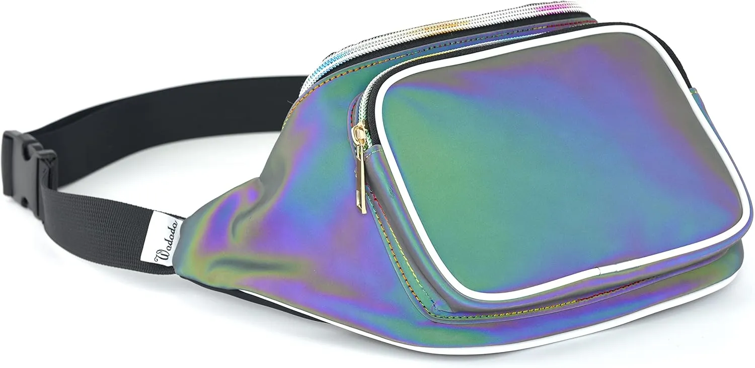 Shiny Neon Fanny Bag for Women Rave Festival Hologram Bum Travel Waist Pack (Black Rave)