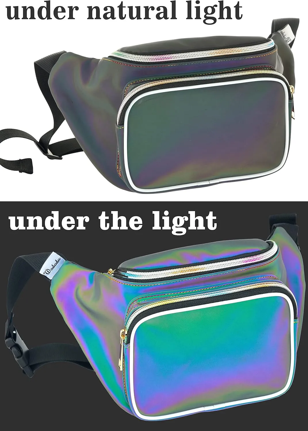 Shiny Neon Fanny Bag for Women Rave Festival Hologram Bum Travel Waist Pack (Black Rave)