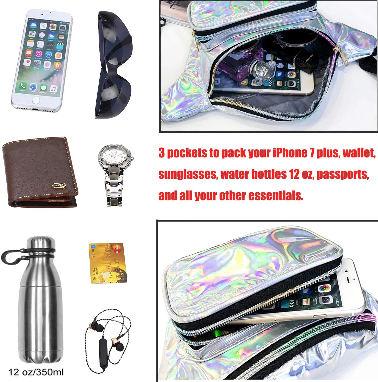 Shiny Neon Fanny Bag for Women Rave Festival Hologram Bum Travel Waist Pack (Silver)