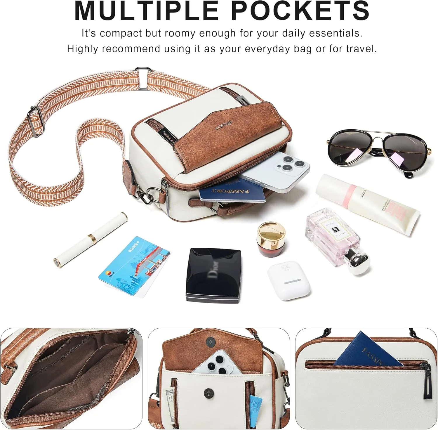 Shrrie Quilted Crossbody Bags for Women - Vegan Leather Crossbody Purses Triple Pocket Small Purses for Women Wide Strap