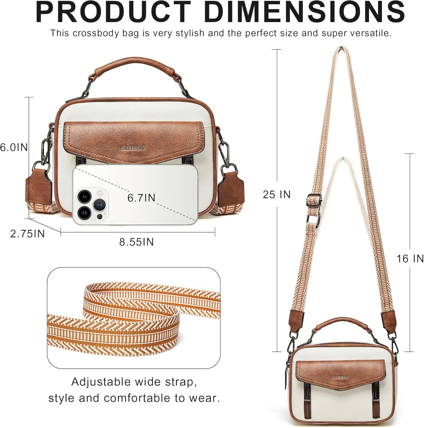 Shrrie Quilted Crossbody Bags for Women - Vegan Leather Crossbody Purses Triple Pocket Small Purses for Women Wide Strap