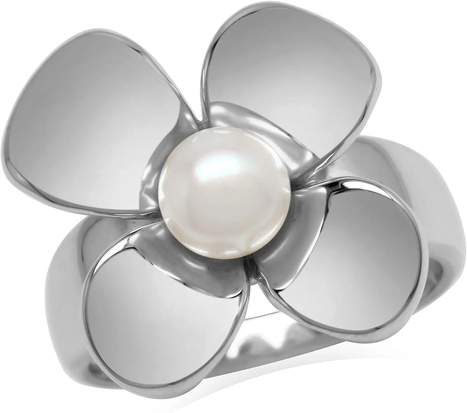 Silvershake 6MM White Cultured Freshwater Pearl 925 Sterling Silver Flower Ring