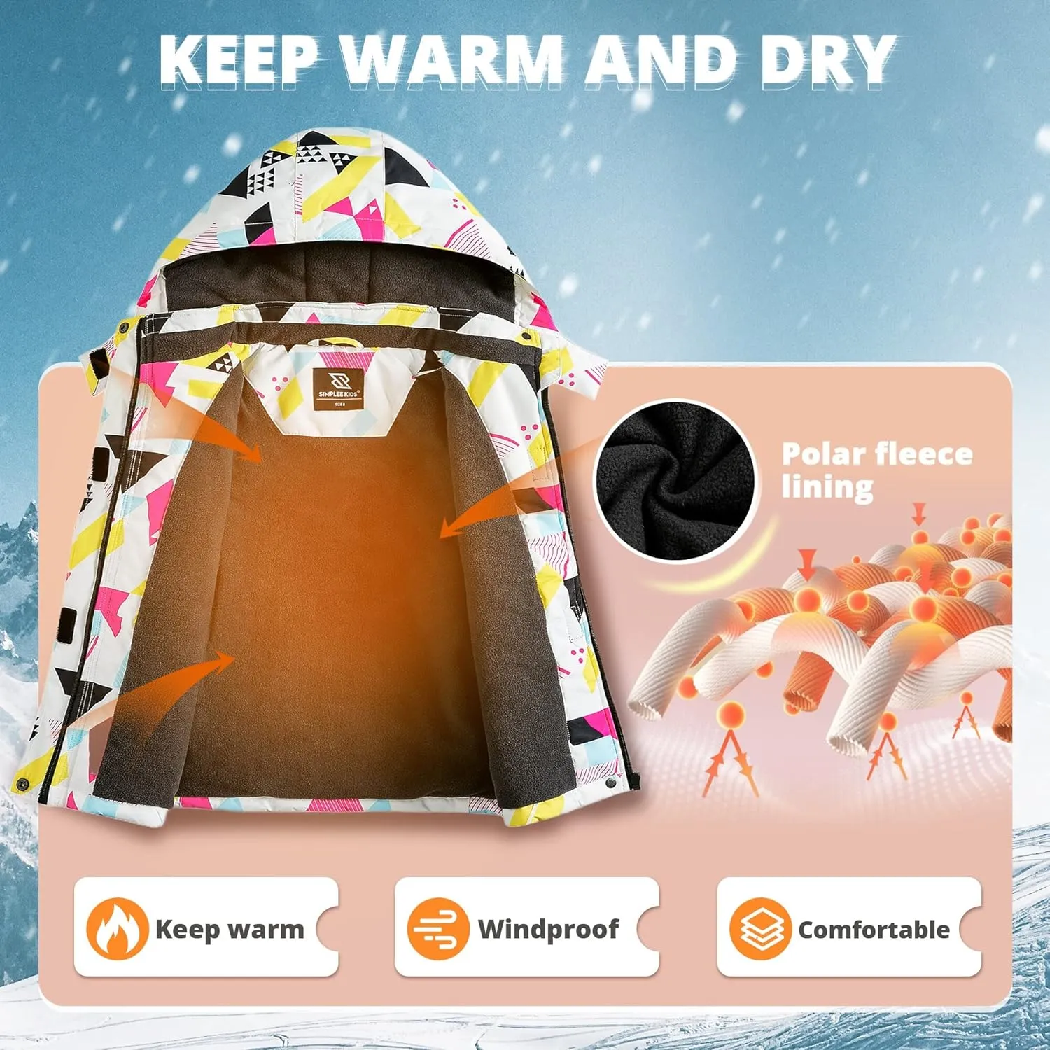 Simplee kids Girls Waterproof Ski Snow Jacket Fleece Raincoat Colorful Winter Coat Warm Hooded