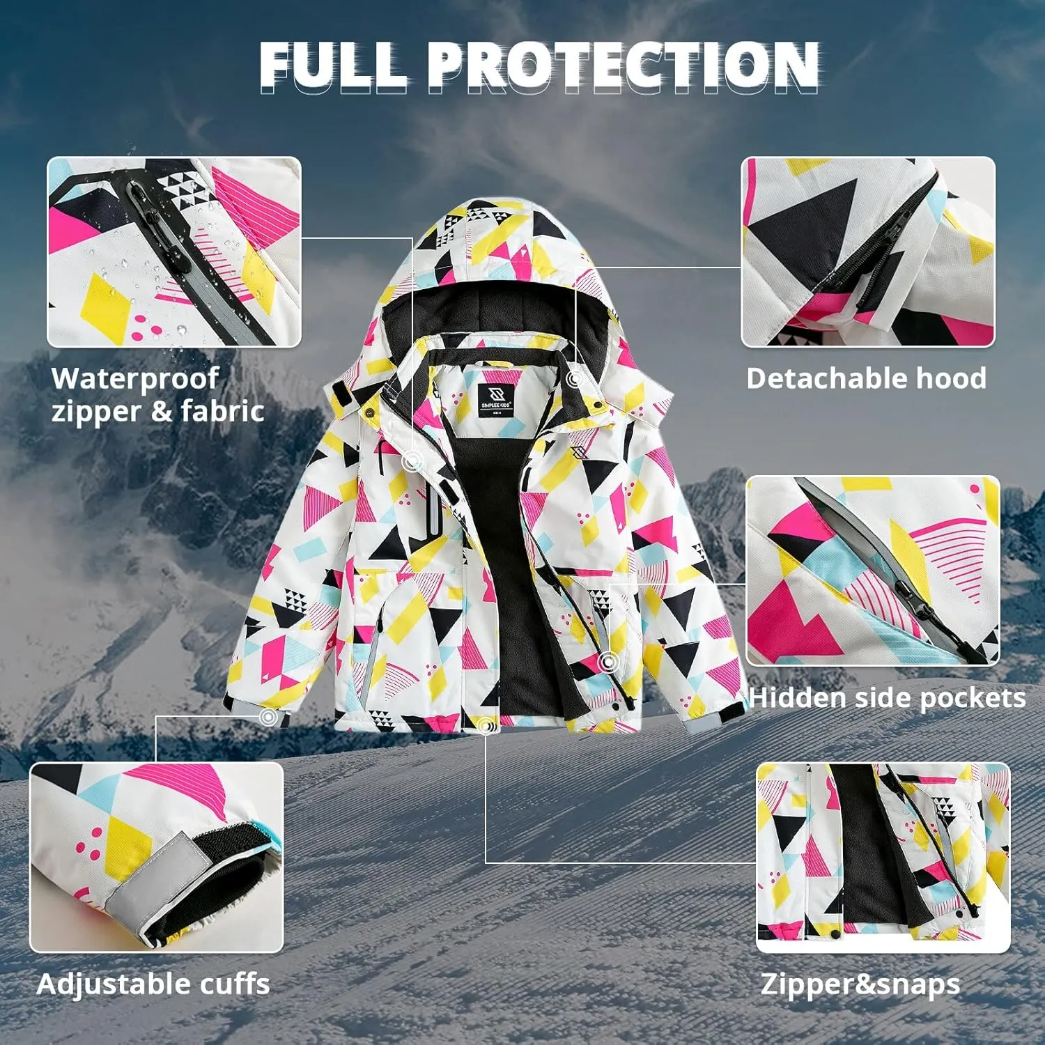 Simplee kids Girls Waterproof Ski Snow Jacket Fleece Raincoat Colorful Winter Coat Warm Hooded
