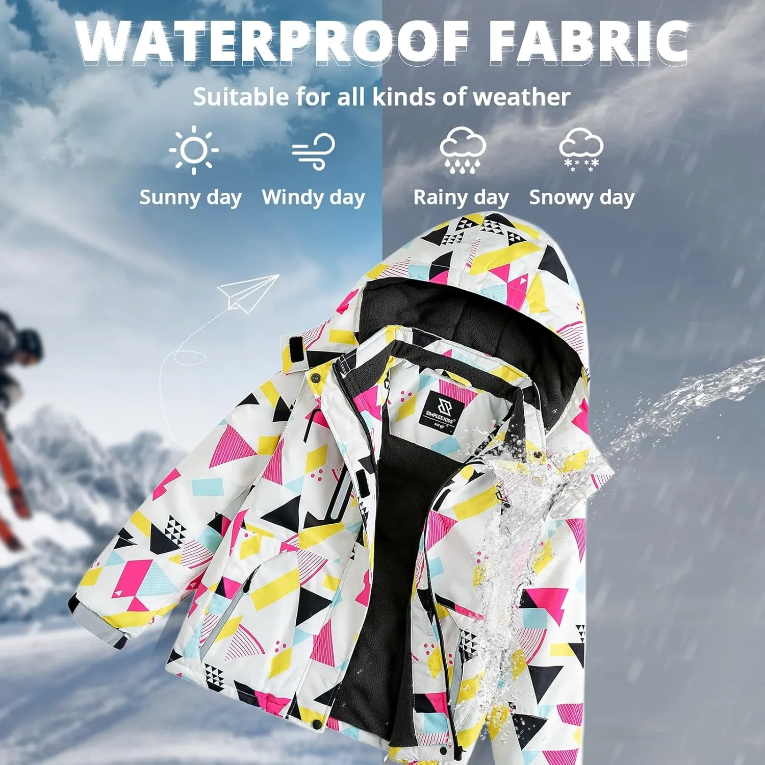 Simplee kids Girls Waterproof Ski Snow Jacket Fleece Raincoat Colorful Winter Coat Warm Hooded