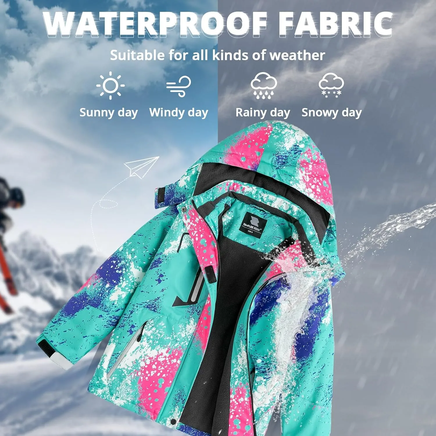 Simplee kids Girls Waterproof Ski Snow Jacket Fleece Raincoat Colorful Winter Coat Warm Hooded