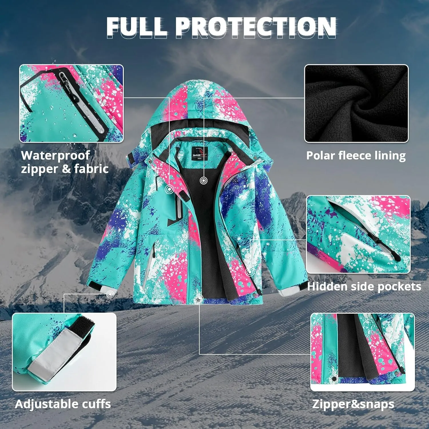 Simplee kids Girls Waterproof Ski Snow Jacket Fleece Raincoat Colorful Winter Coat Warm Hooded