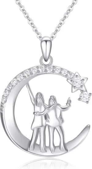 Sister Gifts from Sister Necklace Sterling Silver 2 Sisters Moon Star Pendant Friendship Lasts Forever Necklaces Birthday Graduation Jewelry Gifts for Women