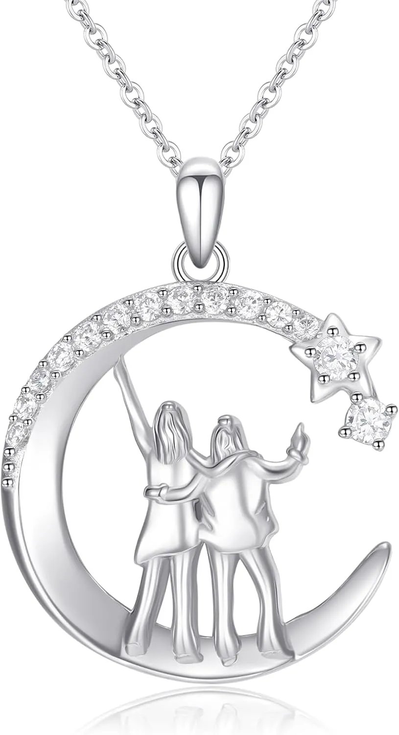 Sister Gifts from Sister Necklace Sterling Silver 2 Sisters Moon Star Pendant Friendship Lasts Forever Necklaces Birthday Graduation Jewelry Gifts for Women