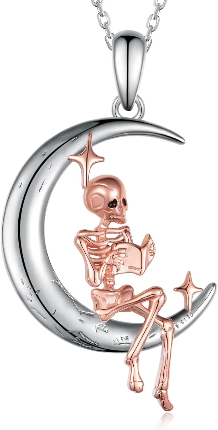Skeleton Necklace 925 Sterling Silver Skeleton Moon Pendant Necklace Skull Gothic Jewelry Gifts for Women