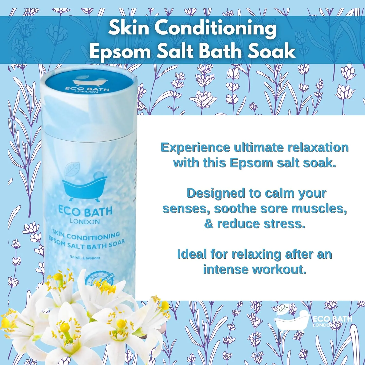 Skin Conditioning Epsom Salt Bath Soak – Magnesium Bath Salts | Made in UK | Infused with Neroli & Lavender Essential Oils | Epsom Salts for Skin Care & Relaxation - 2.2 LB (1kg)