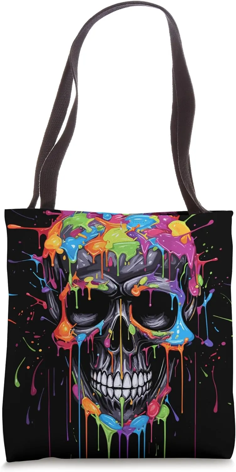 Skull Invader Colorful Skull Paint Splash Trippy Skeleton v6 Tote Bag