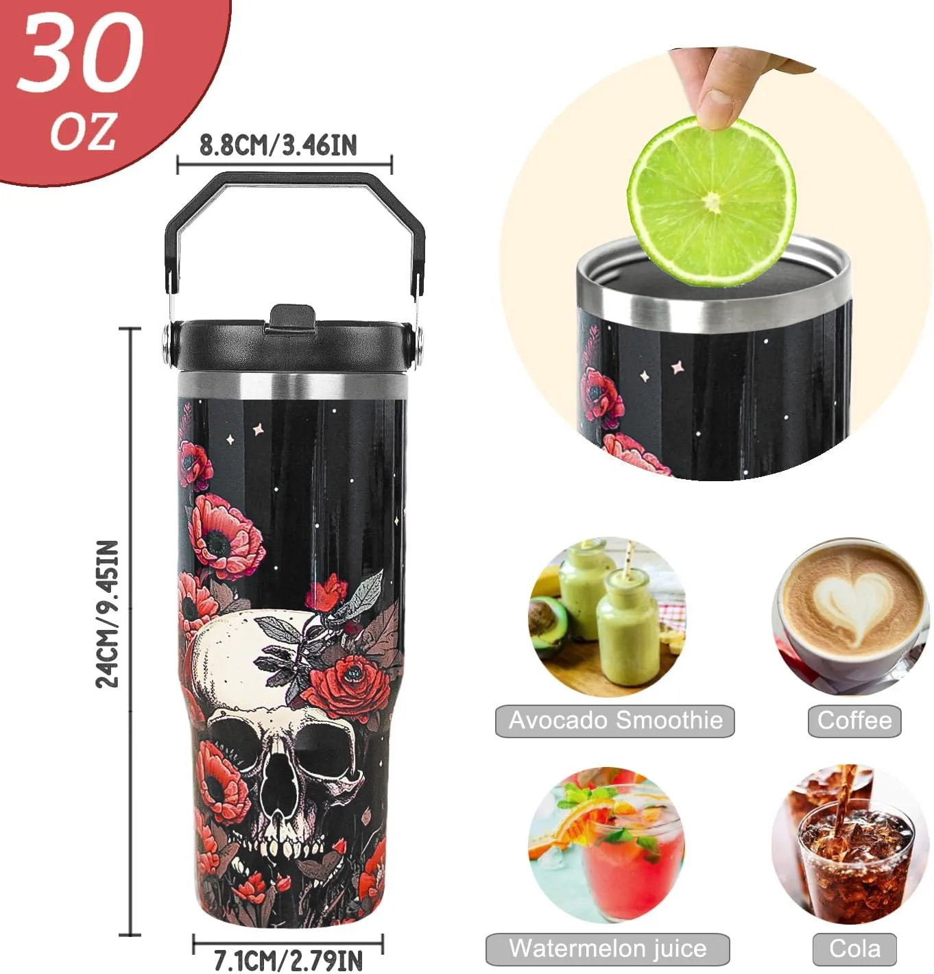 Skull Tumbler with Handle & Flip Straw Goth Poppy Skull Gifts Coffee Travel Mug Insulated Water Bottle Cup Gothic Halloween Decor Gifts for Women-30 OZ(1PCS)