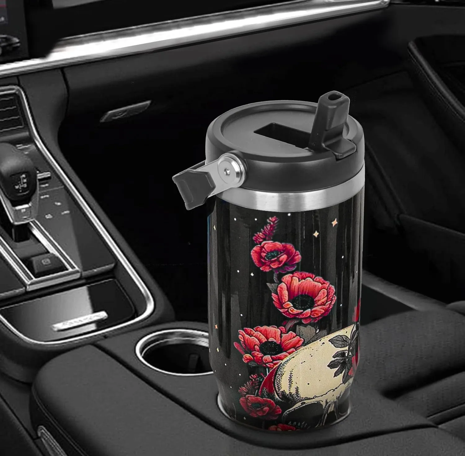 Skull Tumbler with Handle & Flip Straw Goth Poppy Skull Gifts Coffee Travel Mug Insulated Water Bottle Cup Gothic Halloween Decor Gifts for Women-30 OZ(1PCS)