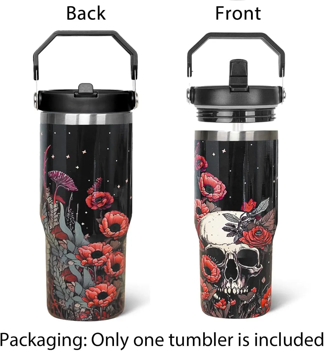Skull Tumbler with Handle & Flip Straw Goth Poppy Skull Gifts Coffee Travel Mug Insulated Water Bottle Cup Gothic Halloween Decor Gifts for Women-30 OZ(1PCS)