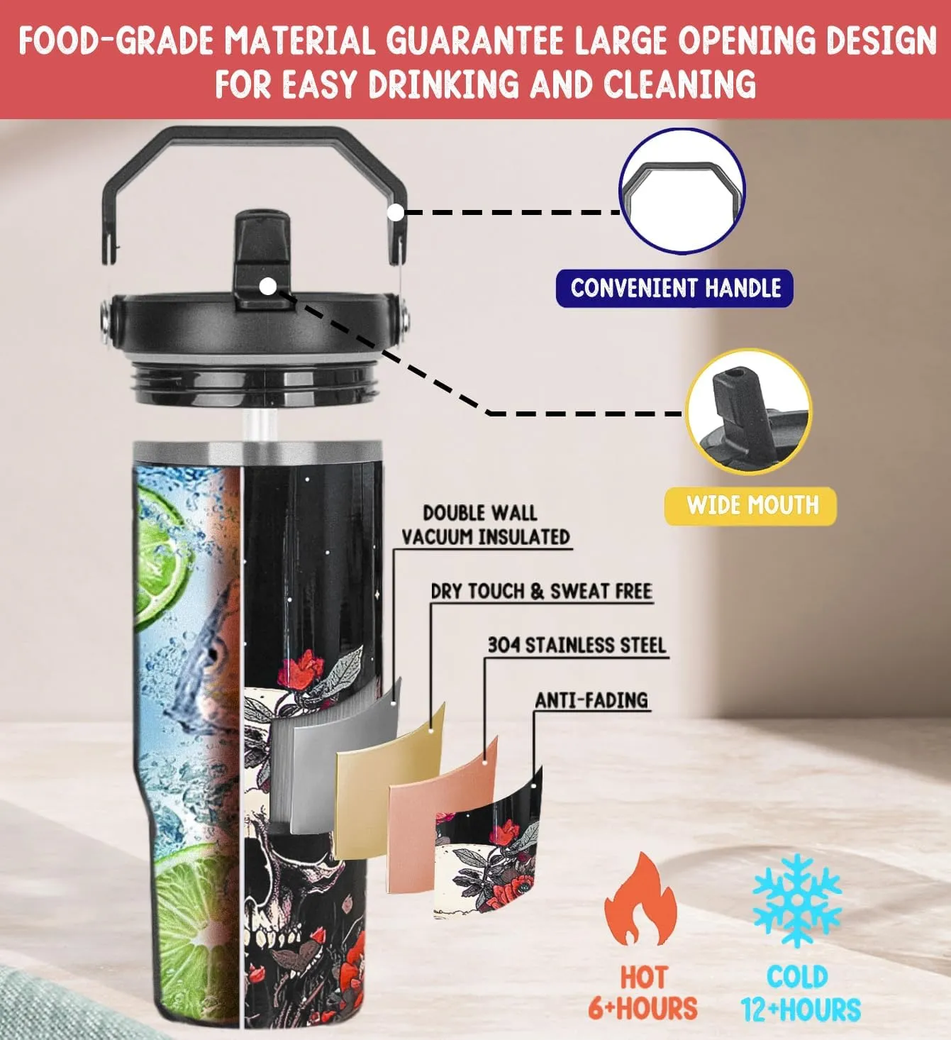 Skull Tumbler with Handle & Flip Straw Goth Poppy Skull Gifts Coffee Travel Mug Insulated Water Bottle Cup Gothic Halloween Decor Gifts for Women-30 OZ(1PCS)