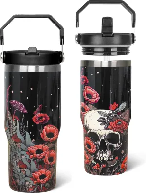 Skull Tumbler with Handle & Flip Straw Goth Poppy Skull Gifts Coffee Travel Mug Insulated Water Bottle Cup Gothic Halloween Decor Gifts for Women-30 OZ(1PCS)