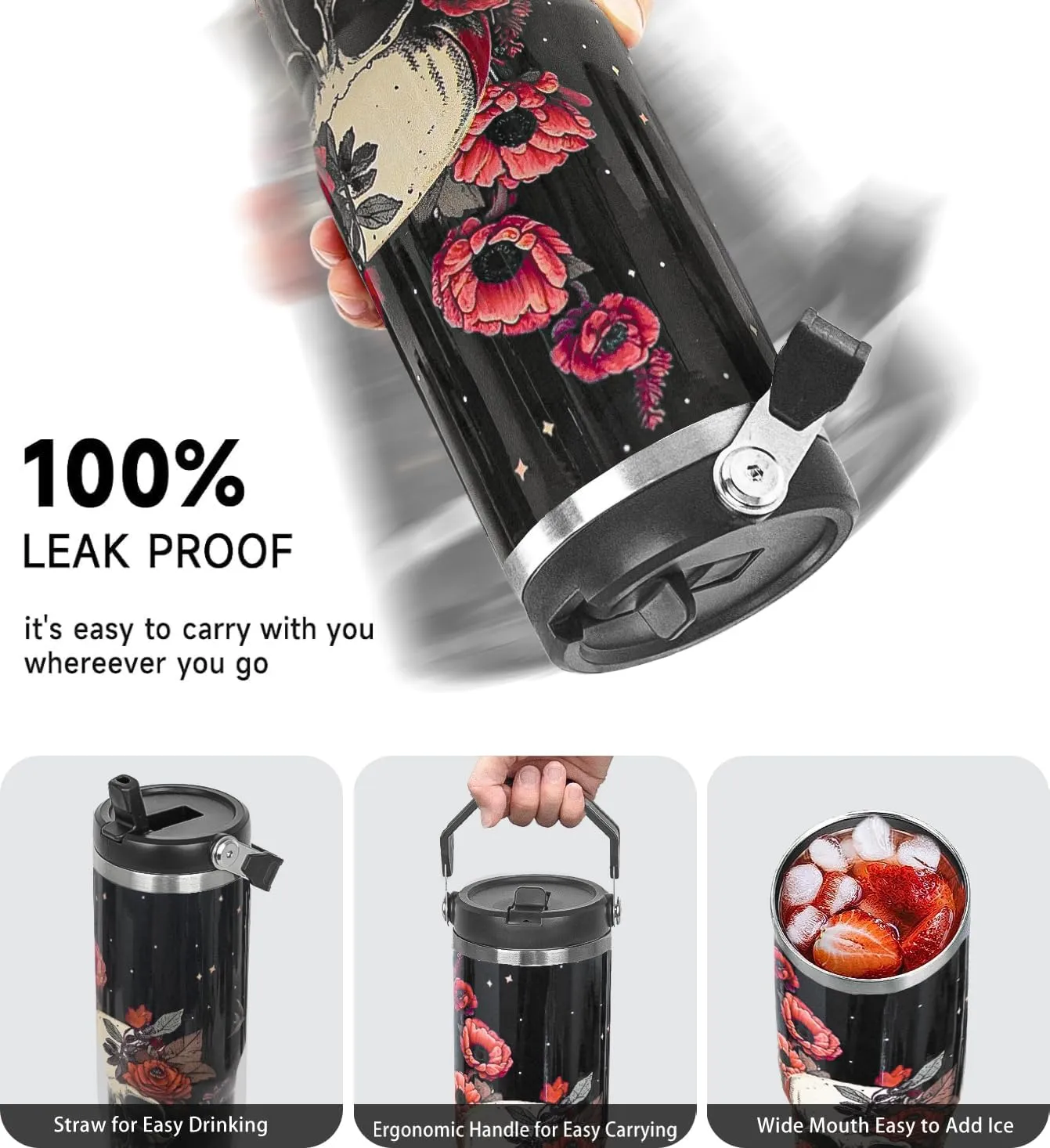 Skull Tumbler with Handle & Flip Straw Goth Poppy Skull Gifts Coffee Travel Mug Insulated Water Bottle Cup Gothic Halloween Decor Gifts for Women-30 OZ(1PCS)