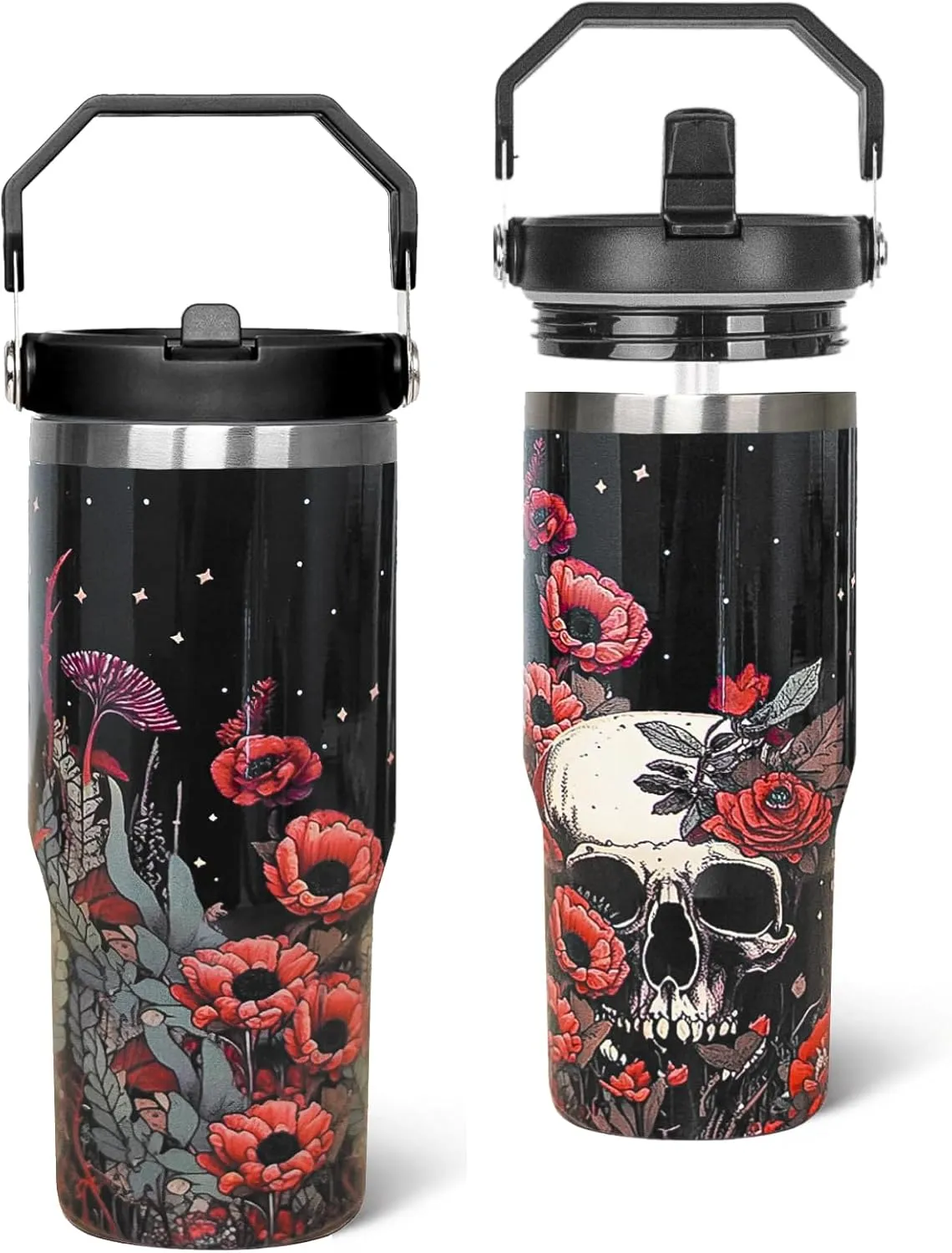 Skull Tumbler with Handle & Flip Straw Goth Poppy Skull Gifts Coffee Travel Mug Insulated Water Bottle Cup Gothic Halloween Decor Gifts for Women-30 OZ(1PCS)