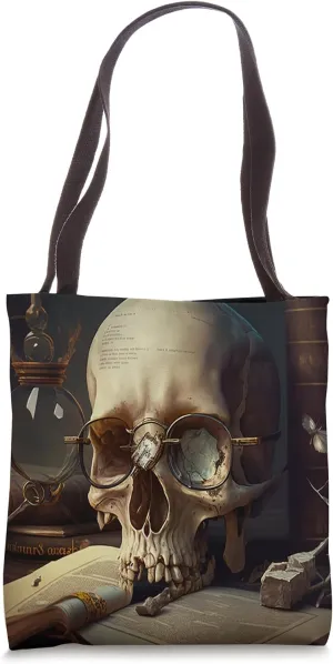 Skull Wearing Glasses On Top Of Books Cryptid Historical Art Tote Bag