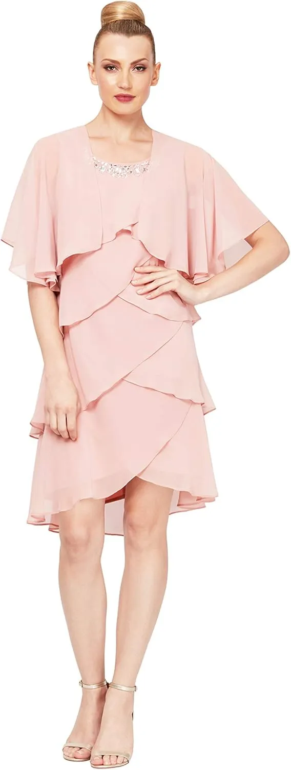 S.L. Fashions Women's Chiffon Tier Jacket Knee Length Dress