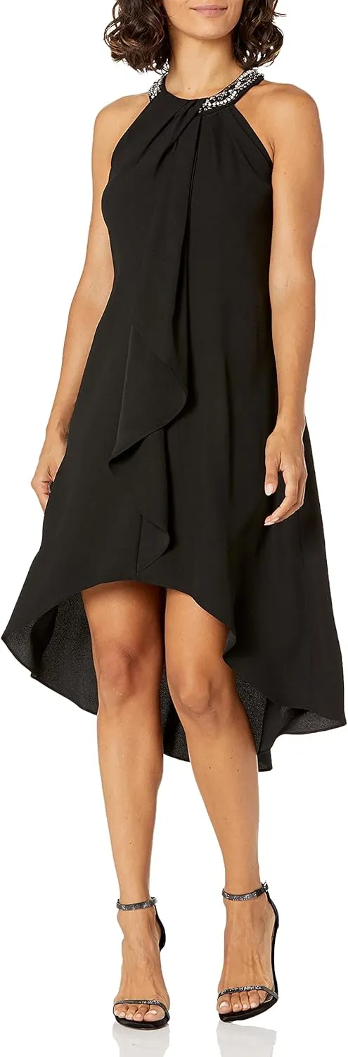 S.L. Fashions Women's Jewel Halter Neckline Cocktail, Wedding Guest, Perfect Party Dress,(Petite and Regular Sizes)
