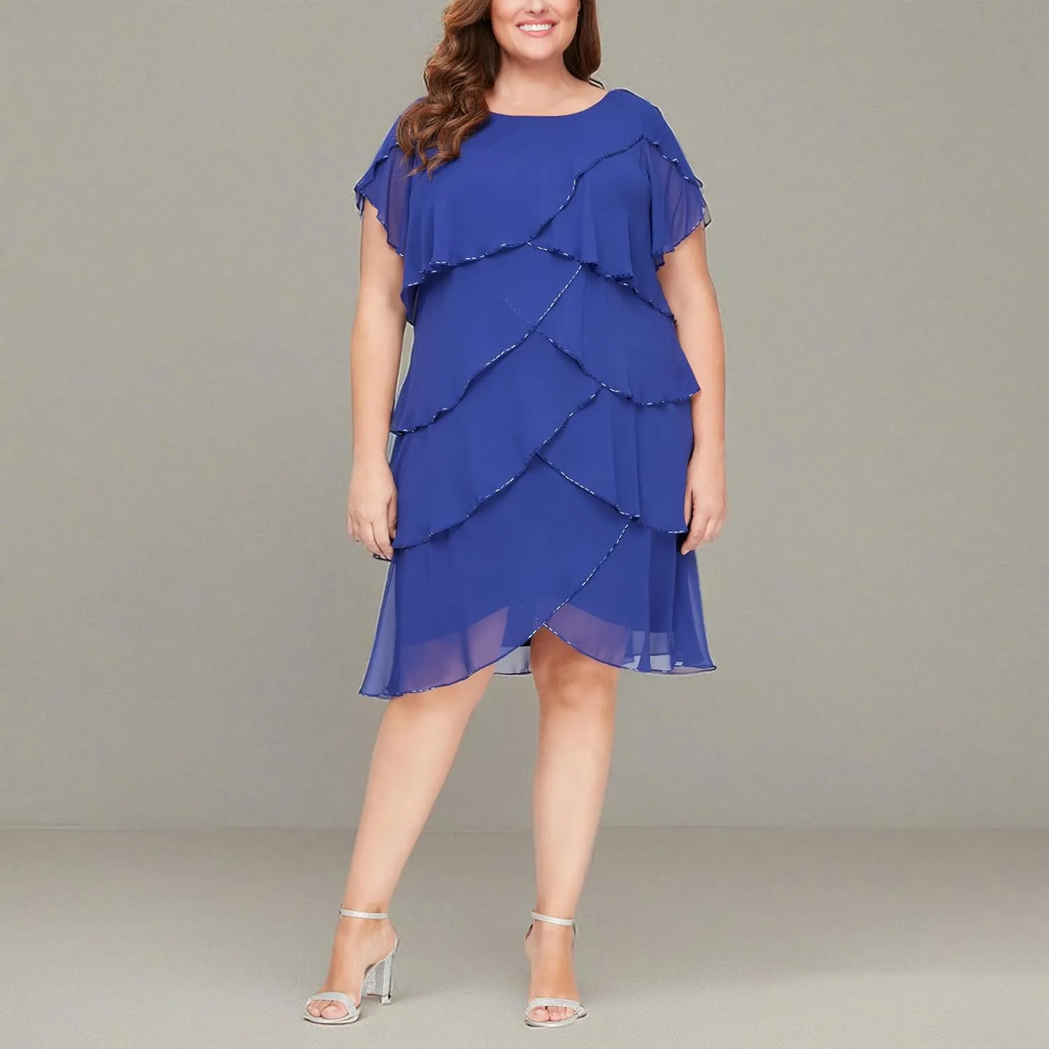 S.L. Fashions Women's Plus Size Capelet Tier Dress with Beaded Detail-Closeout