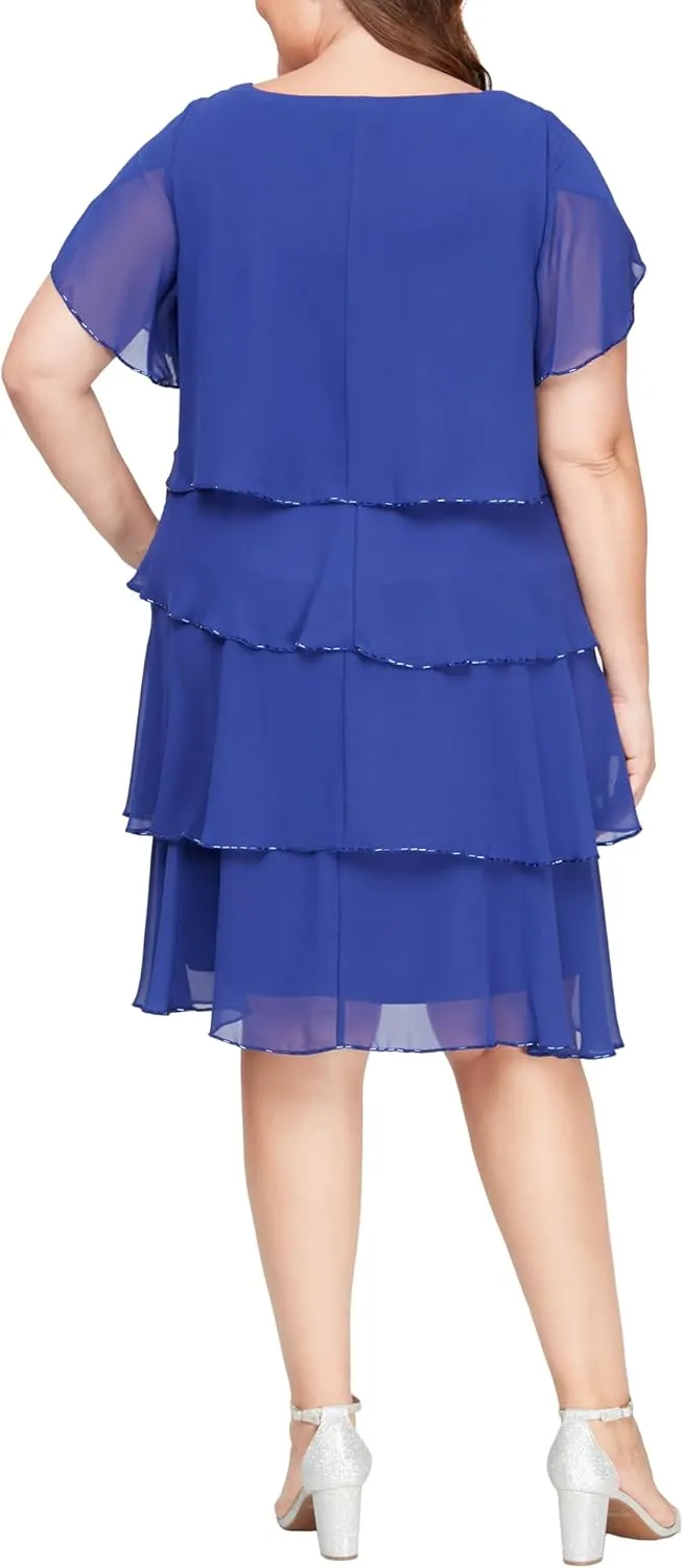 S.L. Fashions Women's Plus Size Capelet Tier Dress with Beaded Detail-Closeout