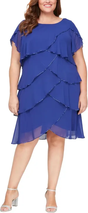 S.L. Fashions Women's Plus Size Capelet Tier Dress with Beaded Detail-Closeout