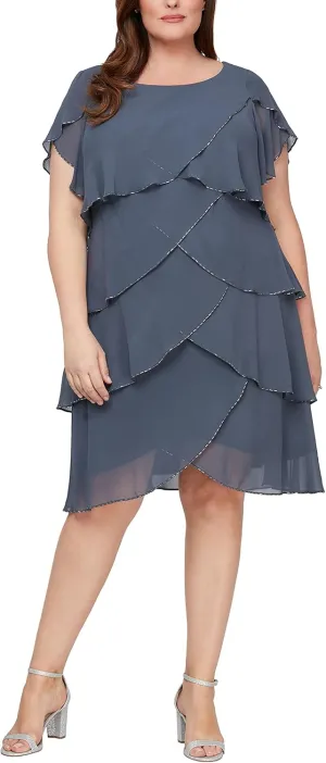 S.L. Fashions Women's Plus Size Capelet Tier Dress with Beaded Detail-Closeout