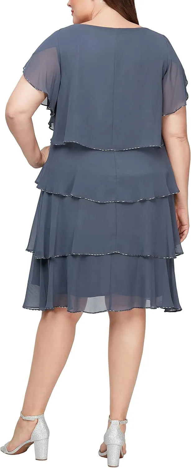 S.L. Fashions Women's Plus Size Capelet Tier Dress with Beaded Detail-Closeout