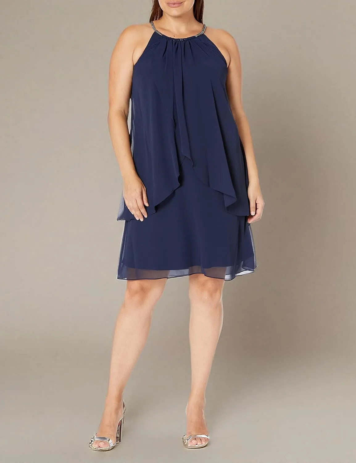 S.L. Fashions Women's Plus Size Split Front Halter Neck Dress