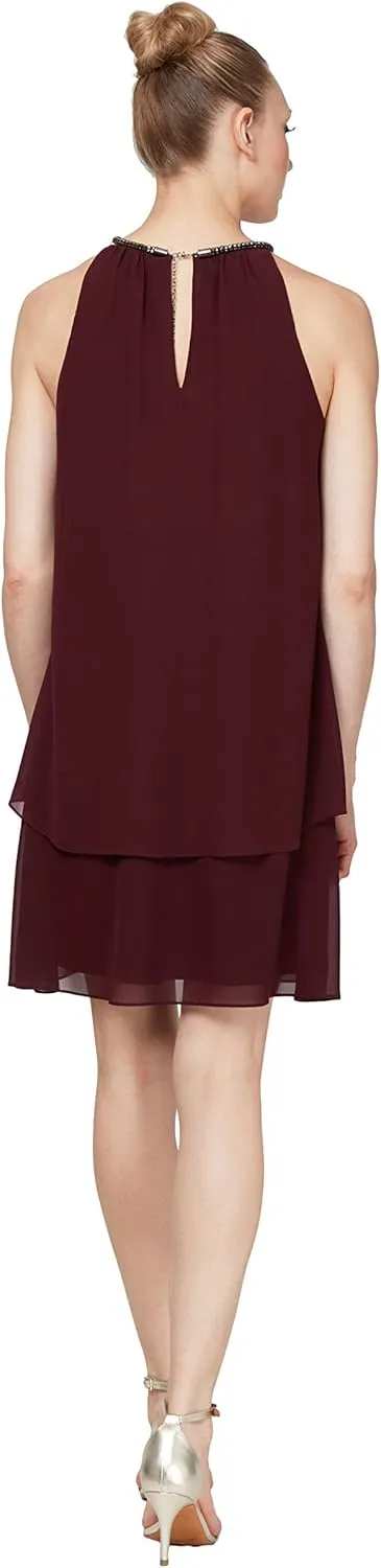 S.L. Fashions Women's Short Beaded Halter Neck Cocktail Gown, Wedding Guest, Party Dress, (Petite and Regular Sizes)