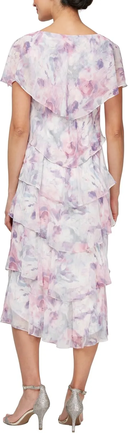 S.L. Fashions Women's Tiered Midi Wedding Guest, Mother of The Bride Dress with Bead Embellishment (Petite and Regular Sizes)