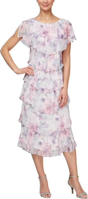 S.L. Fashions Women's Tiered Midi Wedding Guest, Mother of The Bride Dress with Bead Embellishment (Petite and Regular Sizes)