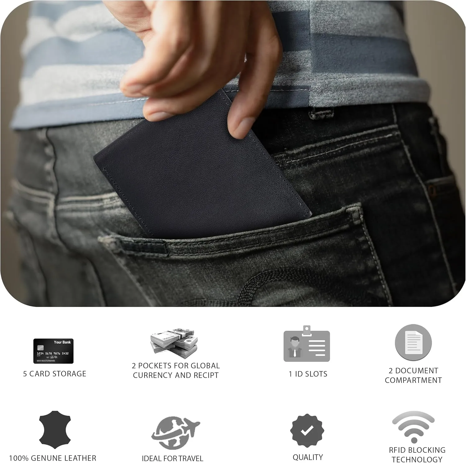 Slim Leather Wallet for Men - RFID Wallets Credit Card Holder Ultra Thin Gift for Mens, Front Pocket Minimalist Design
