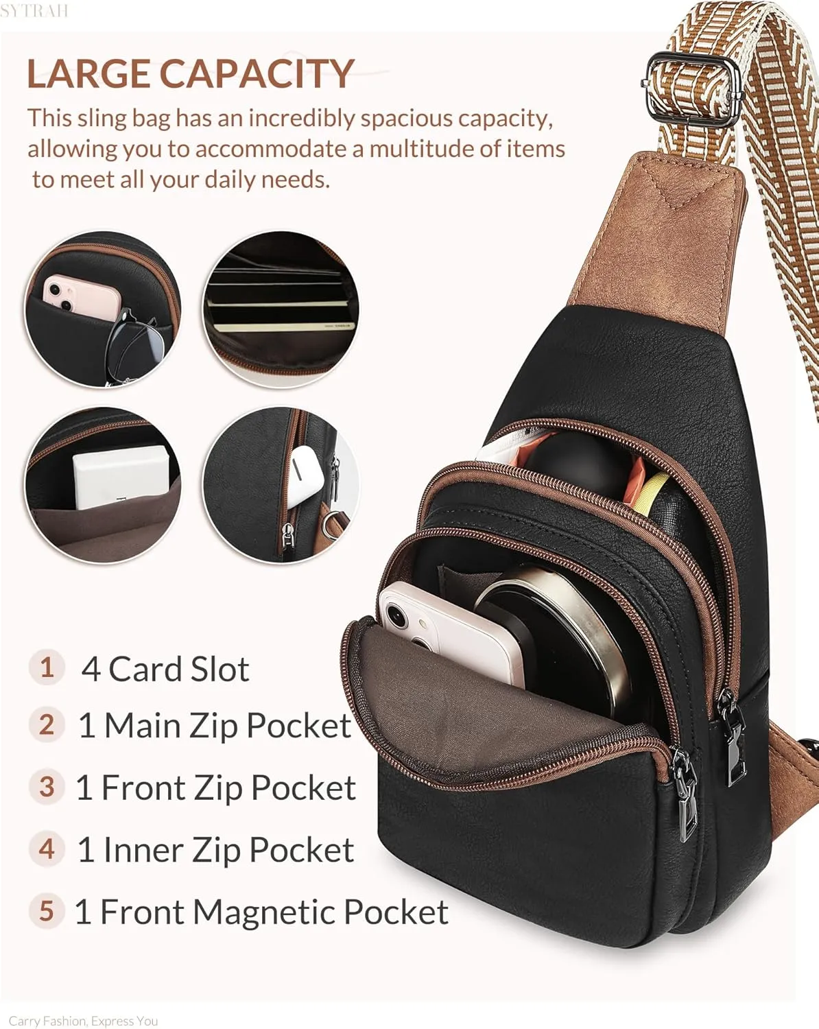 Sling Bag for Women, Crossbody Bags Purse for Women Trendy Vegan Leather Chest Bag with Adjustable Guitar Strap