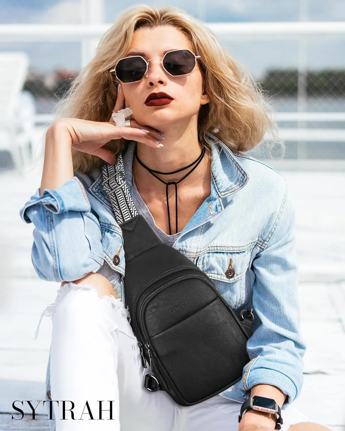 Sling Bag for Women, Crossbody Bags Purse for Women Trendy Vegan Leather Chest Bag with Adjustable Guitar Strap