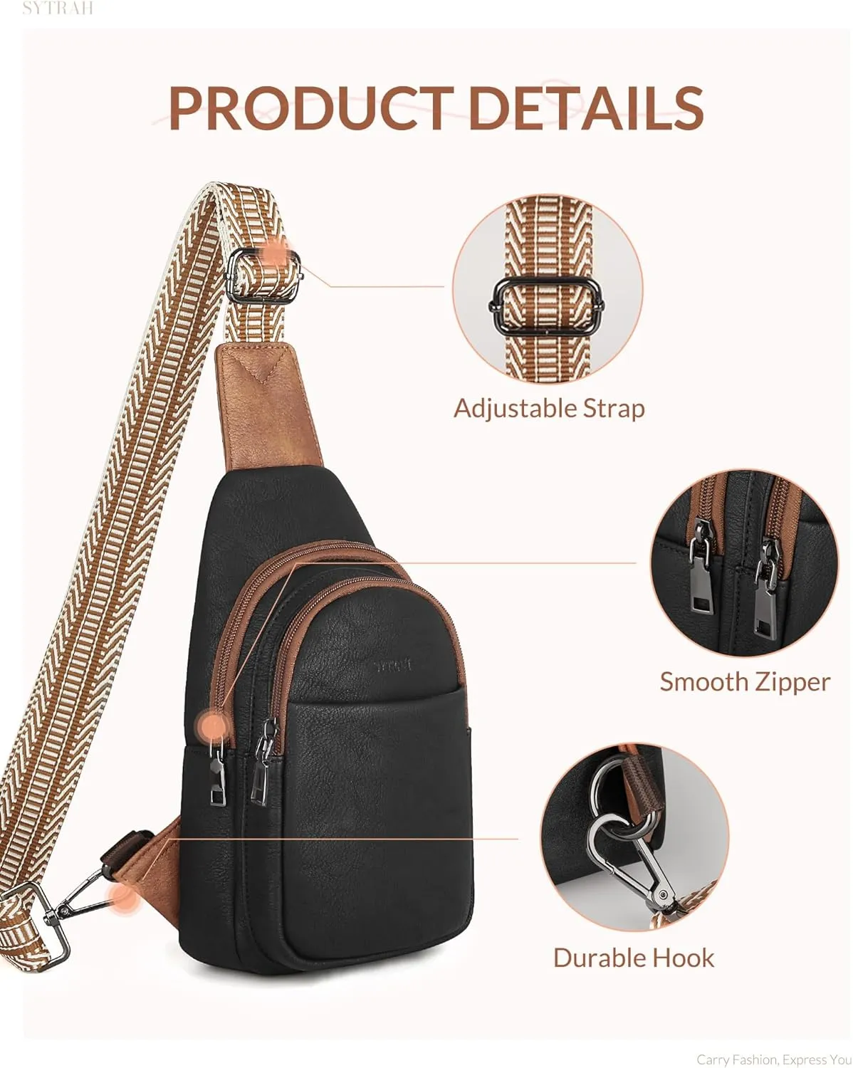 Sling Bag for Women, Crossbody Bags Purse for Women Trendy Vegan Leather Chest Bag with Adjustable Guitar Strap