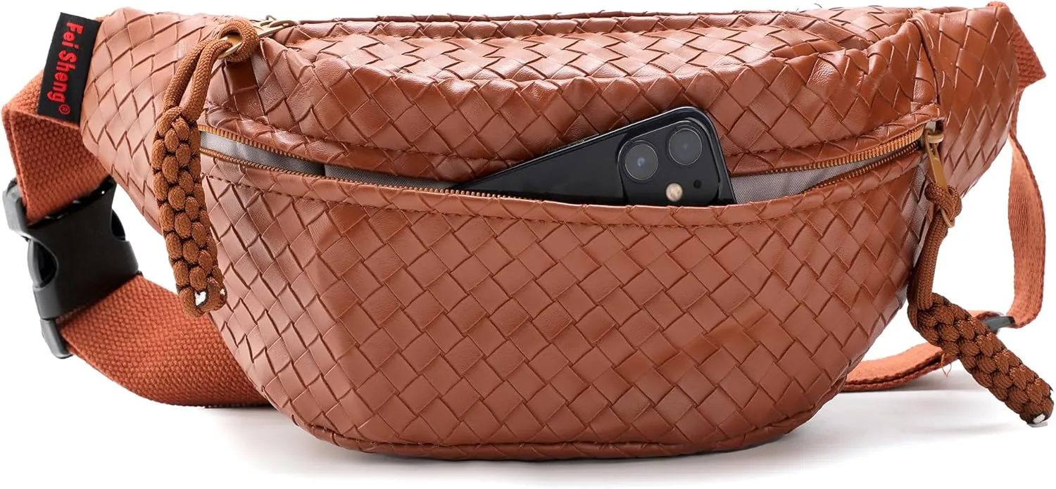 Sling Bag for Women Men,Woven Leather Fashionable Fanny Pack Crossbody Bags with Adjustable Shoulder Strap Chest Packs for Travel Cycling Work Sport Hiking Gym,Large-Brown