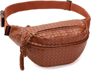 Sling Bag for Women Men,Woven Leather Fashionable Fanny Pack Crossbody Bags with Adjustable Shoulder Strap Chest Packs for Travel Cycling Work Sport Hiking Gym,Large-Brown