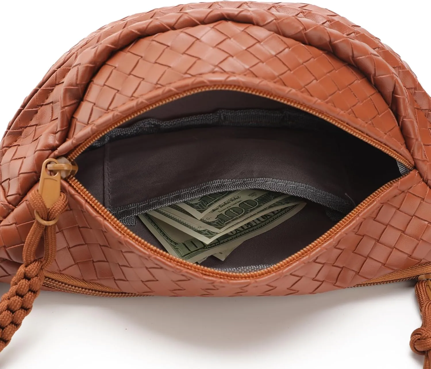 Sling Bag for Women Men,Woven Leather Fashionable Fanny Pack Crossbody Bags with Adjustable Shoulder Strap Chest Packs for Travel Cycling Work Sport Hiking Gym,Large-Brown