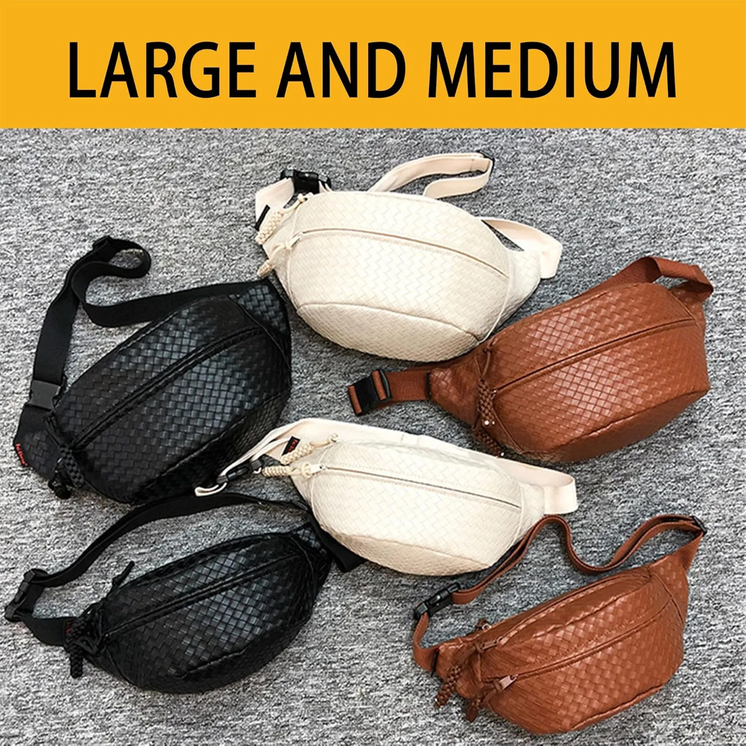 Sling Bag for Women Men,Woven Leather Fashionable Fanny Pack Crossbody Bags with Adjustable Shoulder Strap Chest Packs for Travel Cycling Work Sport Hiking Gym,Large-Brown