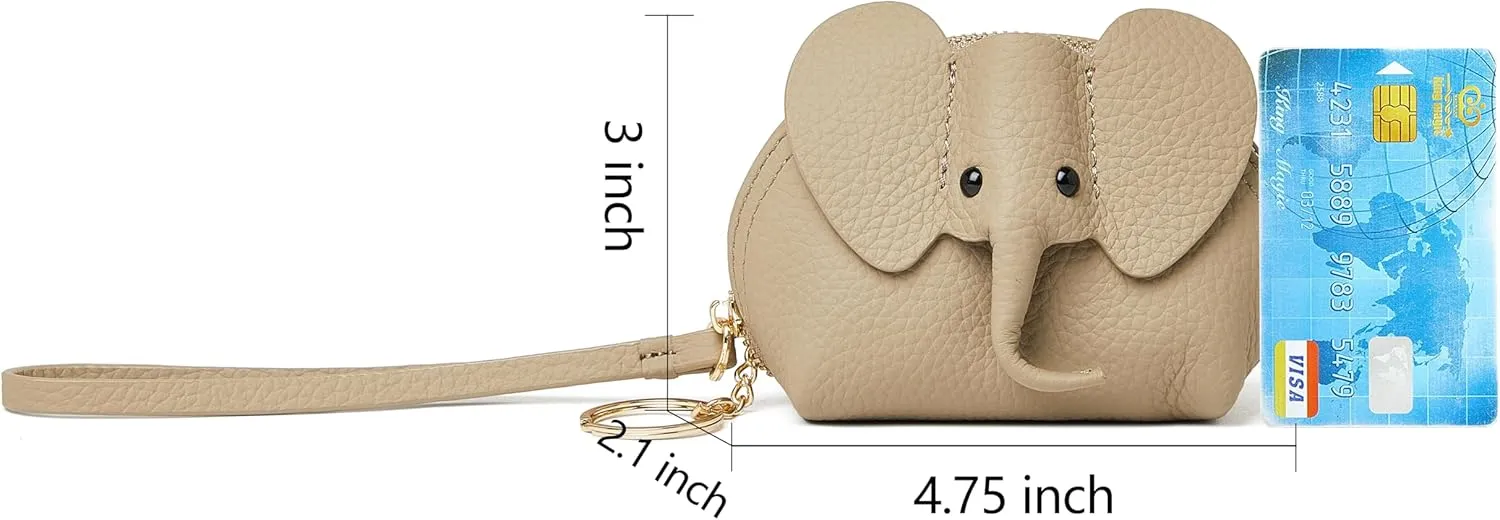 Small Leather Coin Purse for Women Cute Elephant Change Purse for Girls Zipper Coin Pouch Wallet with Key Chain and Wrist Strap(6-Grey)